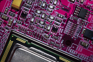 Wall Mural - Close-up of a red electronic printed circuit board (PCB) with semiconductor strips between a microchip, transistor, and electronic equipment processor. IT technologies in programming, background