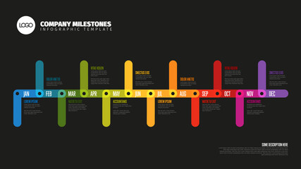 Poster - Dark Infographic full year timeline template made from color thick lines