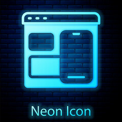 Glowing neon Software, web developer programming code icon isolated on brick wall background. Javascript computer script random parts of program code. Vector