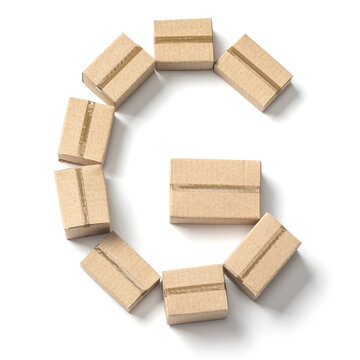 Letter G. Alphabet from cardboard boxes for delivery isolated on white background