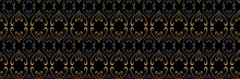 Beautiful Background Pattern With Gold Ornaments On A Black Background. Seamless Pattern, Texture. Repeating Wallpaper For Your Design.
