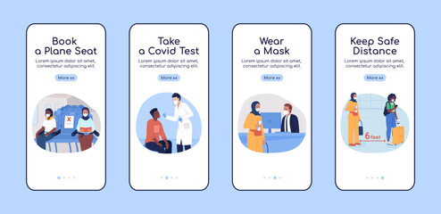 Poster - after covid travel onboarding mobile app screen flat vector template. walkthrough website 4 steps wi