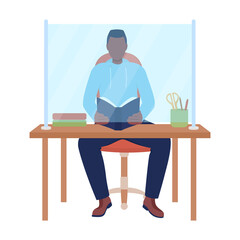 Canvas Print - Man behind desk protector screen semi flat color vector character. Sitting figure. Full body person on white. Safety isolated modern cartoon style illustration for graphic design and animation