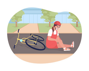 Wall Mural - Bicycle accident in childhood 2D vector isolated illustration. Crying little girl fallen off bike flat character on cartoon background. Cycling related trauma experience colourful scene