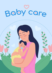 Poster - Baby care poster flat vector template. Happy motherhood. Brochure, booklet one page concept design with cartoon characters. Expressing love and affection for toddler flyer, leaflet with copy space