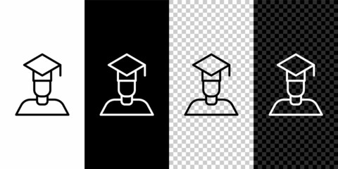 Set line Graduate and graduation cap icon isolated on black and white, transparent background. Vector