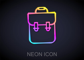 Poster - Glowing neon line School backpack icon isolated on black background. Vector