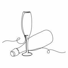 Vector continuous one single line drawing icon of bottle of champagne with glasses christmas style in silhouette on a white background. Linear stylized.