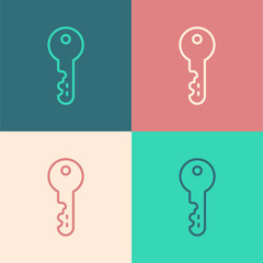 Poster - Pop art line House key icon isolated on color background. Vector