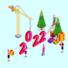 People celebrates christmas and new year 3d isometric vector illustration concept for banner, website, landing page, ads, flyer template