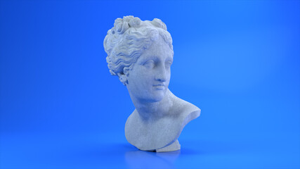 Ancient Roman white marble rotating head of Venus on a blue background. 3d illustration