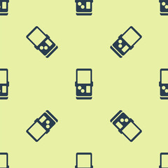 Poster - Blue Portable tetris electronic game icon isolated seamless pattern on yellow background. Vintage style pocket brick game. Interactive playing device. Vector