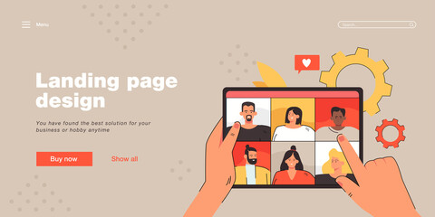 Poster - Hands of person making video call on tablet. Virtual conversation with social community, man or woman calling group of people flat vector illustration. Communication, technology, conference concept