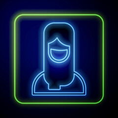 Poster - Glowing neon Muslim woman in hijab icon isolated on blue background. Vector