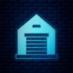 Sticker - Glowing neon Warehouse icon isolated on brick wall background. Vector