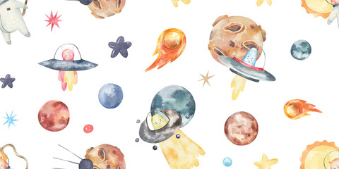 seamless pattern with space aliens and animal astronauts, cute watercolor childrens illustration