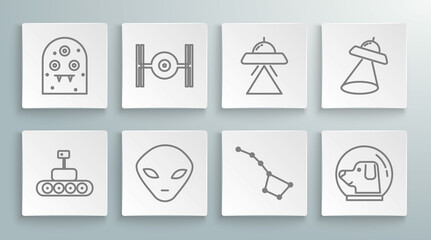 Poster - Set line Mars rover, Cosmic ship, Alien, Great Bear constellation, Dog in astronaut helmet, UFO flying spaceship, and icon. Vector