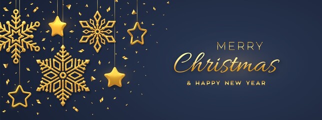 Wall Mural - Christmas blue background with hanging shining golden snowflakes and 3D metallic stars. Merry christmas greeting card. Holiday Xmas and New Year poster, web banner. Vector Illustration.