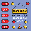 Pixel set of red sale tags and icons. Price tag label with percentage. Black Friday concept. Discount promotion, online shopping. 8 bit style vector illustration.