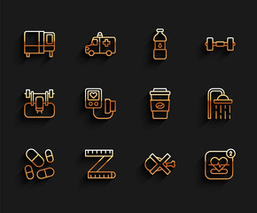 Sticker - Set line Vitamin pill, Tape measure, Bed, No meat, Mobile with heart rate, Blood pressure, Shower head and Coffee cup to go icon. Vector