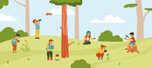Cartoon Kids Exploring Nature In Spring Garden In Flat Vector Illustration