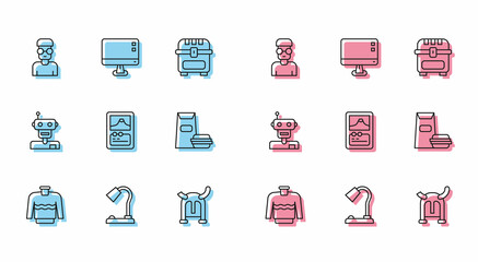Poster - Set line Sweater, Table lamp, Nerd geek, Viking in horned helmet, Card game, Burger, Robot and Computer monitor screen icon. Vector