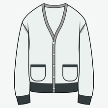 Men's Cardigan Technical Drawing APPAREL Template, Knitted Garments, Cardigan Vector Flat Sketch, Knitting