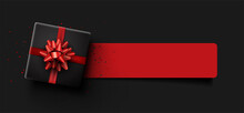 Black Square Gift Box With Red Bow.