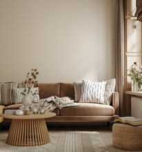 Home Mockup, Living Room In Beige And Brown Colors,3d Render