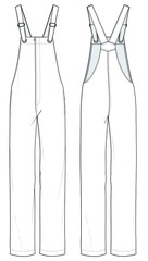 Women Denim Dungarees, Jumpsuit Front and Back View. fashion illustration, vector, CAD, technical drawing, flat drawing.	