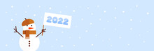 Snowman In A Beige Beret And Scarf Holds A Flag With The Number 2022 On A Blue Background With Falling Snow. Happy New Year 2022 Banner With Copy Space. Flat Vector Illustration