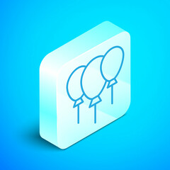 Wall Mural - Isometric line Balloons with ribbon icon isolated on blue background. Merry Christmas and Happy New Year. Silver square button. Vector