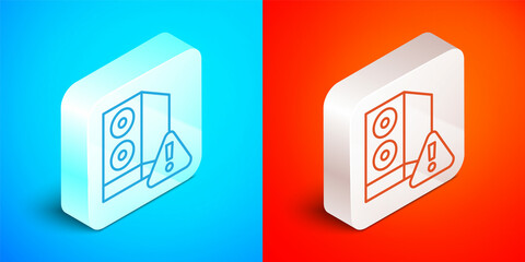 Poster - Isometric line Case of computer with exclamation mark icon isolated on blue and red background. Computer server. Workstation. Silver square button. Vector