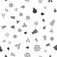 Sticker - Set Bomb ready to explode, Revolver cylinder, Drum and Indian teepee or wigwam on seamless pattern. Vector