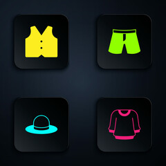 Sticker - Set Sweater, Waistcoat, Man hat and Short or pants. Black square button. Vector