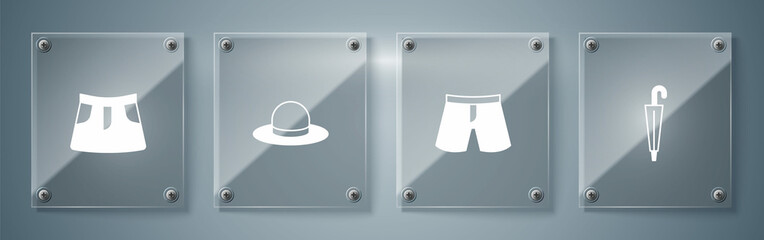 Sticker - Set Umbrella, Short or pants, Man hat and Skirt. Square glass panels. Vector