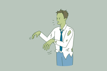 Stress tiredness and feeling zombie concept. Young green tired businessman going walking feeling stressed and workaholic vector illustration 