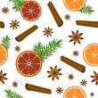 A winter fragrance seamless pattern, oranges, pine branches, anise stars and cinnamon sticks scattered on white background, Christmas season repeat pattern
