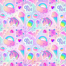 Colorful Seamless Pattern: Unicorn, Sweets, Rainbow, Ice Cream, Lollipop, Cupcake, Rose, Bat. Vector Illustration. Stickers, Pins, Patches. Kawaii Pastel Colors. Cute Gothic Style.