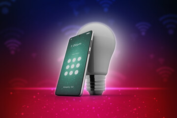 Poster - 3d rendering bulb on mobile phone
