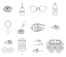 Set optometry elements isolated on white background. Collection medical equipment phoropter, eyeglasses, laser eye, eyes, lenses, container, drops.