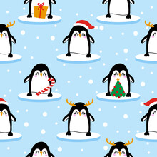 Penguin Pattern Design With Several Penguins - Funny Hand Drawn Doodle, Seamless Pattern. Lettering Poster Or T-shirt Textile Graphic Design. Xmas Wallpaper, Wrapping Paper, Packaging, Background.