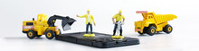 Toy Man Workers Repair Or Dispose Of A Mobile Phone Or Smartphone Using A Jackhammer, Dump Truck And Forklift Truck. Smartphone Repair Or Recycling Concept. Micro World. Web Banner.