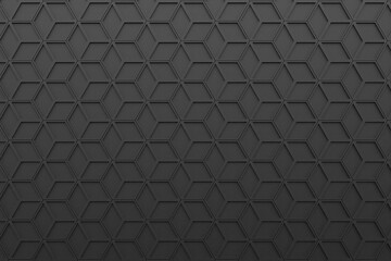 Black hexagonal abstract background. Modern cellular honeycomb 3d panel with hexagons, 3d wall texture, Geometric background for interior wallpaper design, 3d rendering