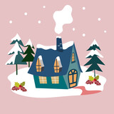 Fototapeta  - Christmas and Happy New Year card.Trendy retro style with the cottage in snow landscape. hand drawn cartoon Vector design element.
