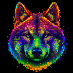 Wall Mural - abstract, colorful, neon portrait of a wolf's head on a black background in pop art watercolor style