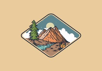 Wall Mural - River and mountain illustration drawing