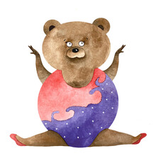 Watercolor Bear Acrobatics On The Twine In Purple And Pink Suit. Funny Aerobics Bear Girl. Bear Dancer. Watercolor Illustration With Cute Aerobics Bear-girl