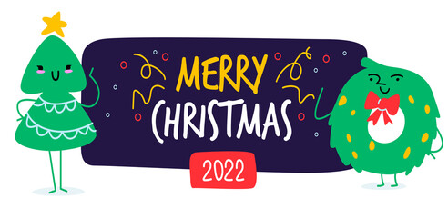 A template for a horizontal banner or header about the new year or Christmas. The inscription merry Christmas. Cute kind characters are standing nearby. A Christmas tree and a Christmas wreath.