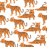 Fototapeta Dinusie - Seamless pattern striped tigers on white background. Wild Cat predator orange and black vector modern flat style background